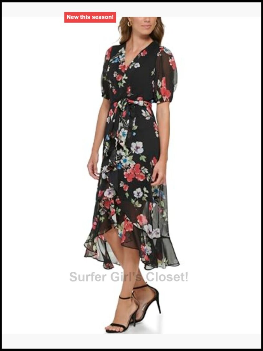 DKNY Ruffle Hem V-Neck Puff Sleeve Dress Women's Midi A-Line Zip Closure - Picture 2 of 4